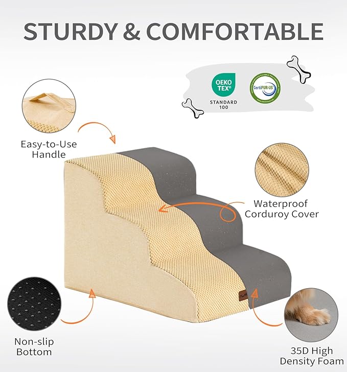 Made4Pets Dog Stairs Ramp for High Bed, 5-Step Pet Stairs for Bed Couch Sofa Climbing, 35D Foam Pet Steps for Small Dogs and Cats, Non-Slip Bottom Dog Steps, Tan