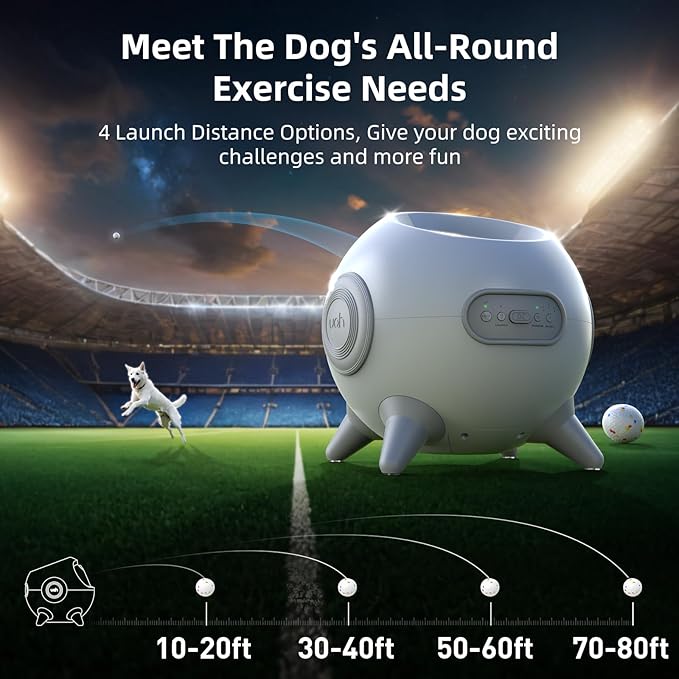 uahpet Automatic Ball Launcher for Dog with Obstacle Detection, 4 Adjustable Distances Ball Thrower Launcher for Medium & Large Dogs, with 3 Balls (2.5 inches)