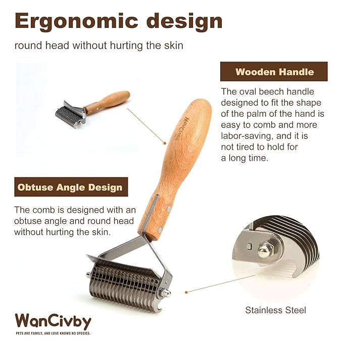 3-in-1Dematting & Deshedding Comb Undercoat Rake for Cats& Dogs,Detangling Matted Fur & Hair Remover Tool Pet Grooming Rake for Shedding and Dematting,Ergonomic beech wood handle (Round Handle)