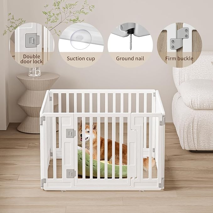 Pet Playpen Foldable Gate for Dogs Heavy Plastic Puppy Exercise Pen with Door Portable Indoor Outdoor Small Pets Fence Puppies Folding Cage 4 Panels Medium Animals House Supplies (PPW-WHITE04, White)
