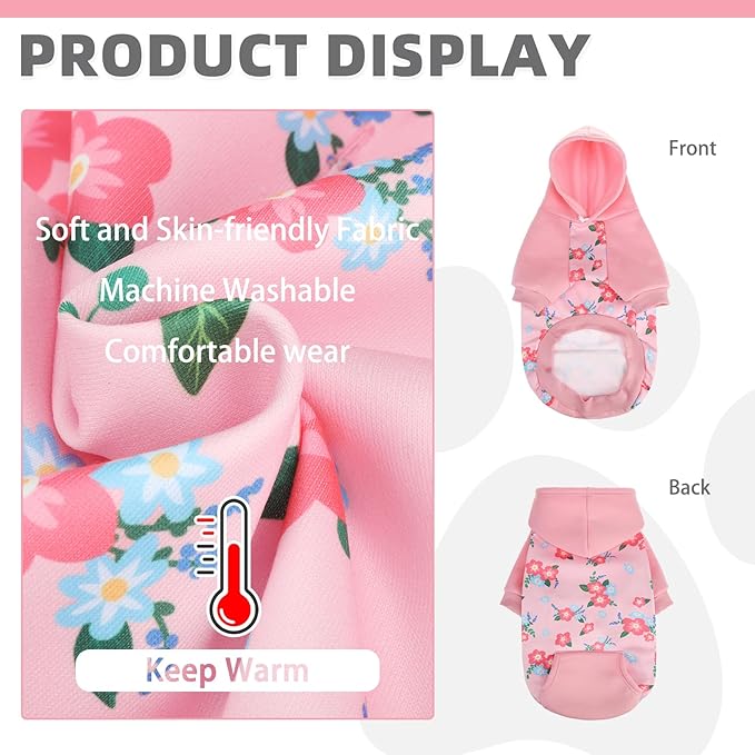 KOOLTAIL Dog Hoodies, Soft Dog Sweater, Spring Dogs Coats, Warm Fleece Pet Clothes Hooded Sweatshirt with Pocket for Small Medium Large Dogs Cats Boys Girls, Holiday Flower Pink L