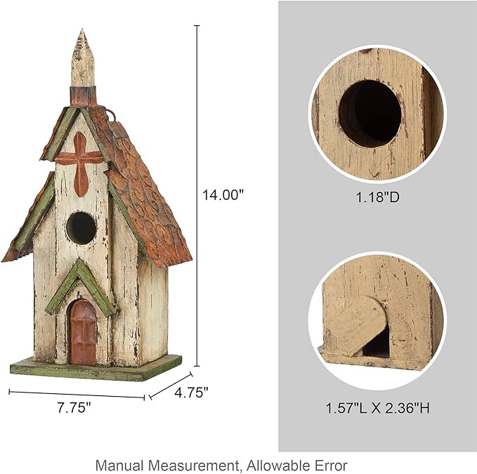 Glitzhome Wooden 14" H Hanging Distressed Church Birdhouse Decorative Garden Bird House