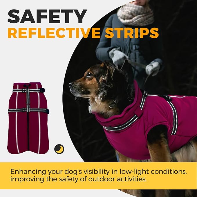 Lelepet Dog Winter Coat Waterproof Dog Jacket with Harness Built in Windproof Reflective Pet Coats for Small Medium Large Dogs, Thermal Fleece Lined Coats for Cold Weather Walking Hiking, Rose Red, L
