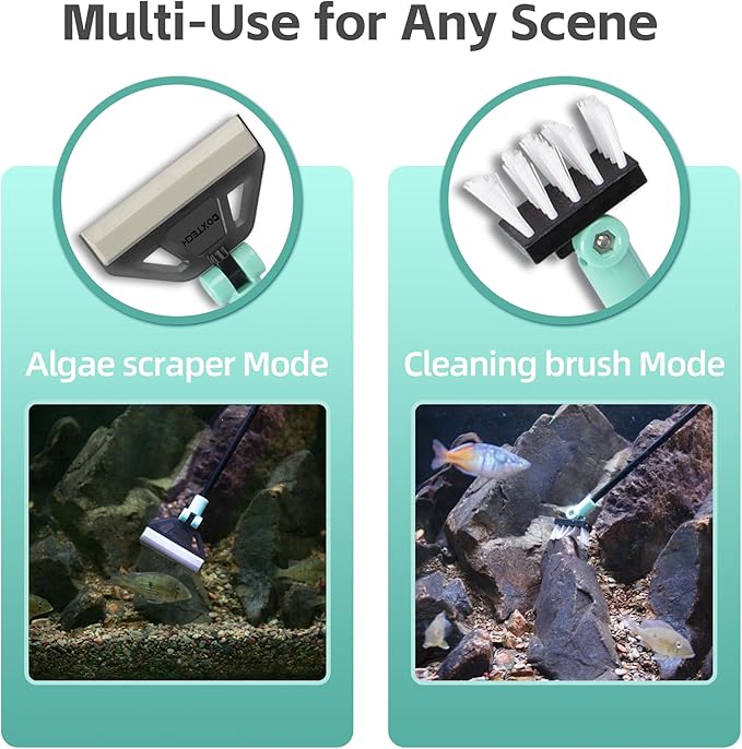 UPETTOOLS Algae Scraper for Glass Aquariums, 2 in 1 Adjustable Algae Scraper with 5 Stainless Steel Blades and Cleaning Brush, Aquarium Glass Cleaning Tools for 20-40 Gallon Fish Tank