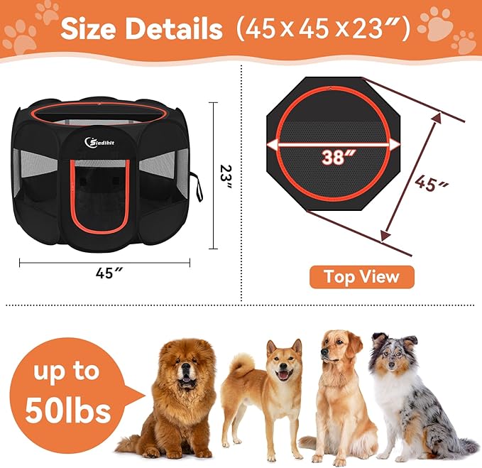 Dog Playpen, Puppy Pet Playpens Indoor for Large Dogs Tent Crates Cage Indoor/Outdoor, Portable Pop Up Dog Kennel Playpen with Carrying Case for Dogs/Cats/Rabbits, Removable Zipper Top, Black