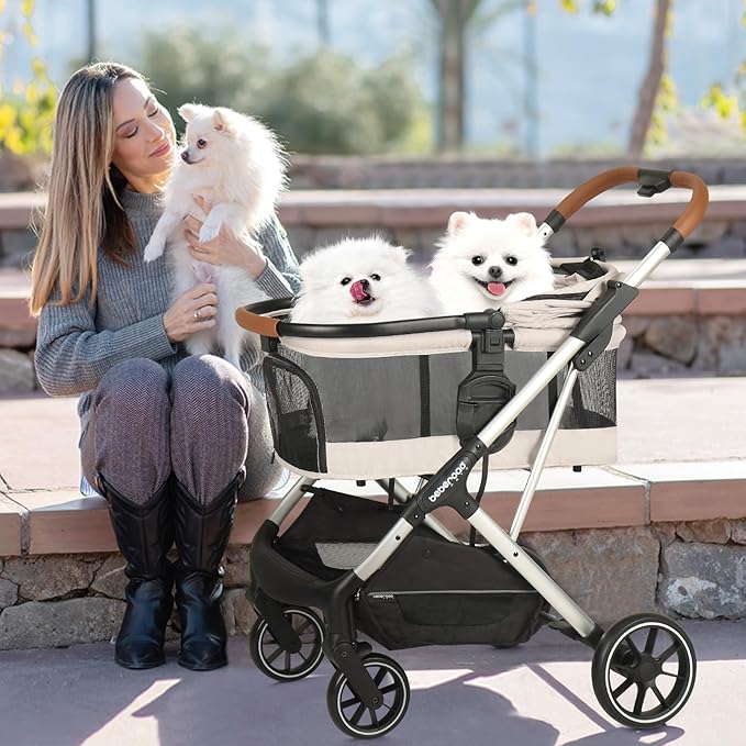 T6 Luxury Pet Stroller for Medium Dogs Up to 66lbs or 2 Small Pets – 3-in-1 Dog & Cat Stroller with Removable Carrier, Foldable & Lightweight (Beige & Net Wall)