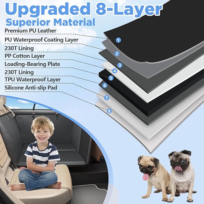 Back Seat Extender for Dogs, Hard Bottom Dog Car Seat Cover for Truck Back Seat, Dog Hammock for Car, Upgraded PU Leather Material, Larger Space, Black