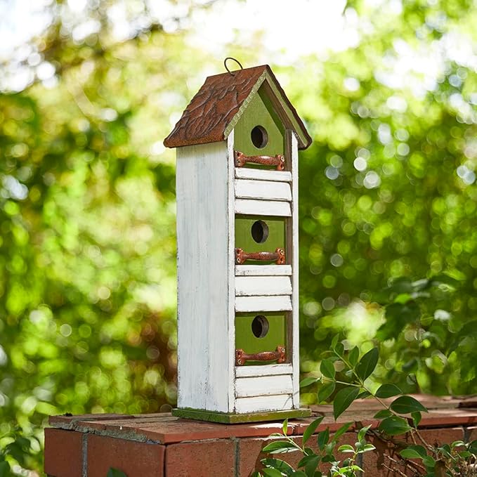 Glitzhome Bird Houses for Outside, Blue Bird Houses for Outdoors,18" H Distressed Outdoor Garden Wooden Birdhouse Decorative Hanging Bird House with Shutter Texture for Hummingbird,Sparrow,Wren Finch