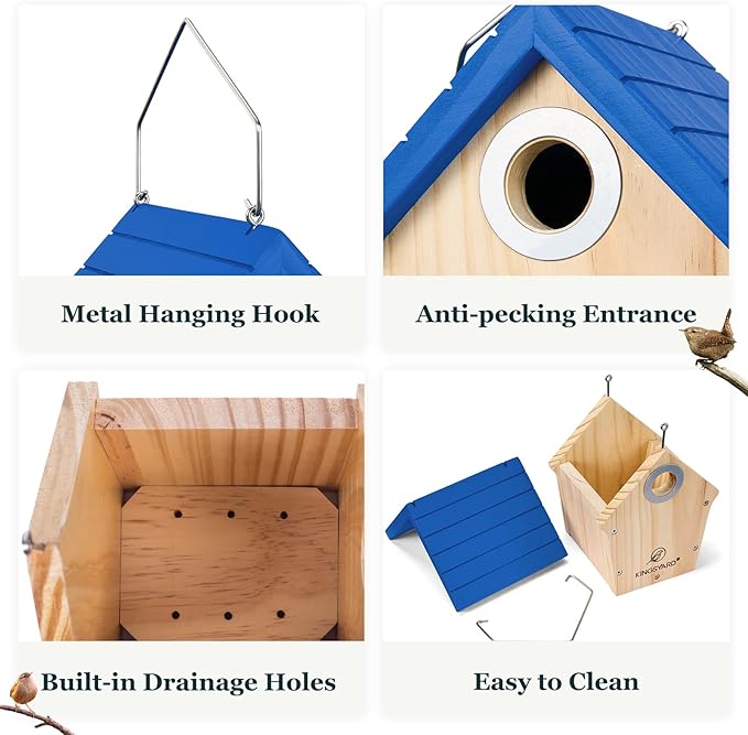 Kingsyard Wooden Wren House with Predator Guard, Bird Nesting for Outdoor, Garden Patio Nest Box Birdhouse for Wild Bird Watching, Royal Blue