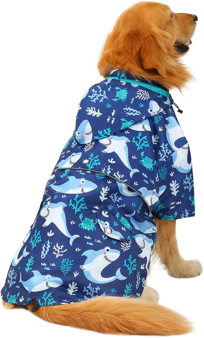HDE Dog Raincoat Poncho Double Layer Zip Rain Jacket with Removable Hood, Leash Hole for Small to 3XL Dogs and Puppies Sharks - 2XL
