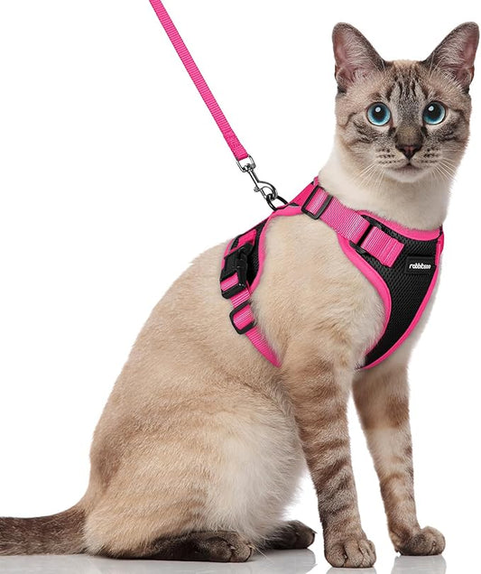 rabbitgoo Cat Harness and Leash Set, Escape Proof Soft Adjustable Vest Harnesses for Outdoor Walking, Easy Control Breathable Kitten Jacket with Reflective Strips, Black & Rose Pink, S