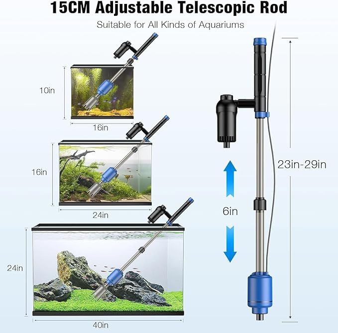 bedee Aquarium Vacuum Gravel Cleaner 6 in 1 Multifunctional 24W Waterproof Fish Tank Gravel Cleaner Vacuum for Water Changer, Sand Wash Algae Cleaner Water Shower and Water Circulation