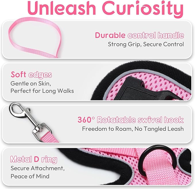 Dooradar Cat Harness and Leash Set, Escape Proof Safe Adjustable Kitten Vest Harnesses for Walking, Easy Control Soft Breathable Mesh Jacket with Reflective Strips for Cats, Pink, S