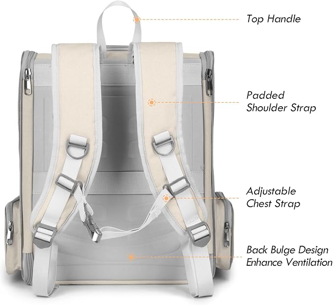 Cat Backpack Carrier, Large Pet Backpack with Kitten Wand Feather Toy for Medium Small Dog Cat Puppy Kitty Bunny up to 15lbs, Ventilated Mesh Dog Travel Carrier for Hiking Walking Outdoor Use (Beige)