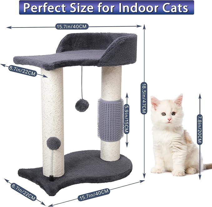 Cat Tree Tower, Multifunction Cat Scratching Post for Indoor Cats Featuring with Fish-Shaped Rest Platform Cat Self Groomer Danging Ball Spring Ball, Grey