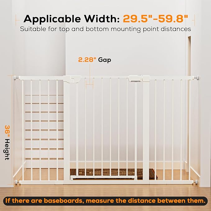 29.5-59.8" Baby Gate for Stairs, Pressure Mounted Dog Gate Indoor, Auto Close Pet Gate for Doorways No Drilling, Easy Install Baby Essentials with Large Walk Thru Door, White