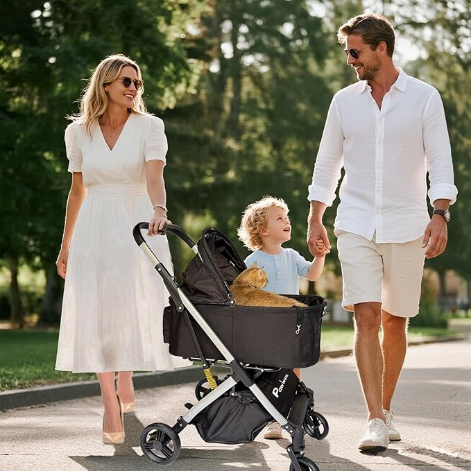 Pet Stroller for Small & Medium Dogs Cats up to 55 lbs 4-in-1 Foldable Travel Pet Stroller with Detachable Carrier Lightweight All-Terrain Spring Damping,Car Seat,Sun Canopy,Black