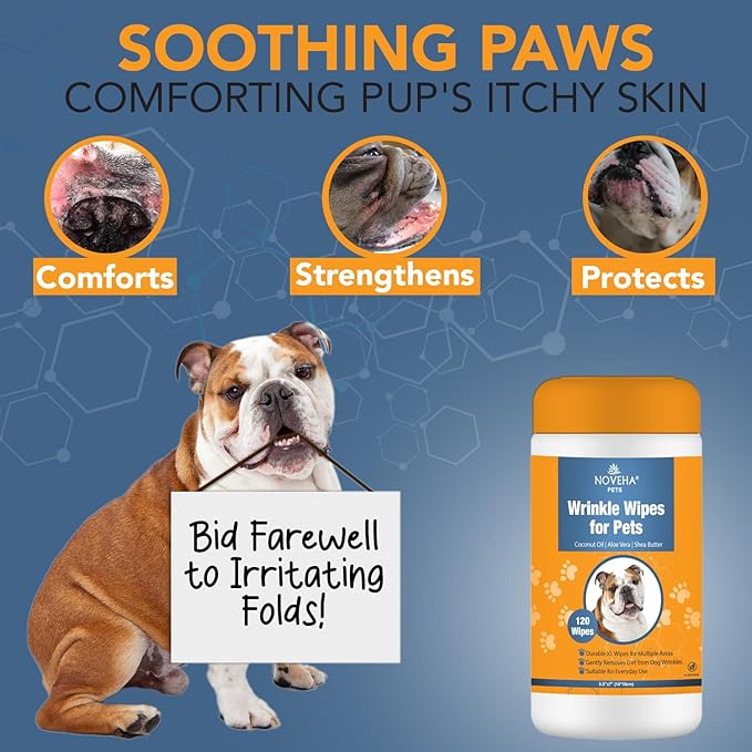 NOVEHA 5โx7โ Large Dog Wipes | Wipes for Bulldog, French Bulldog, Pug, English Bulldog | Deodorizing, for Multiple Areas Removes Dirt, Wrinkles, Folds, Tear Stain, Tail Pockets & Paws (120 Counts)