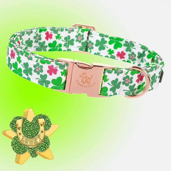 Elegant little tail St Patrick's Dog Collar, Green Clover Pet Collar Cotton Soft Holiday Pet Collar Cute Puppy Collar Adjustable Pet Collars for X-Small Dogs