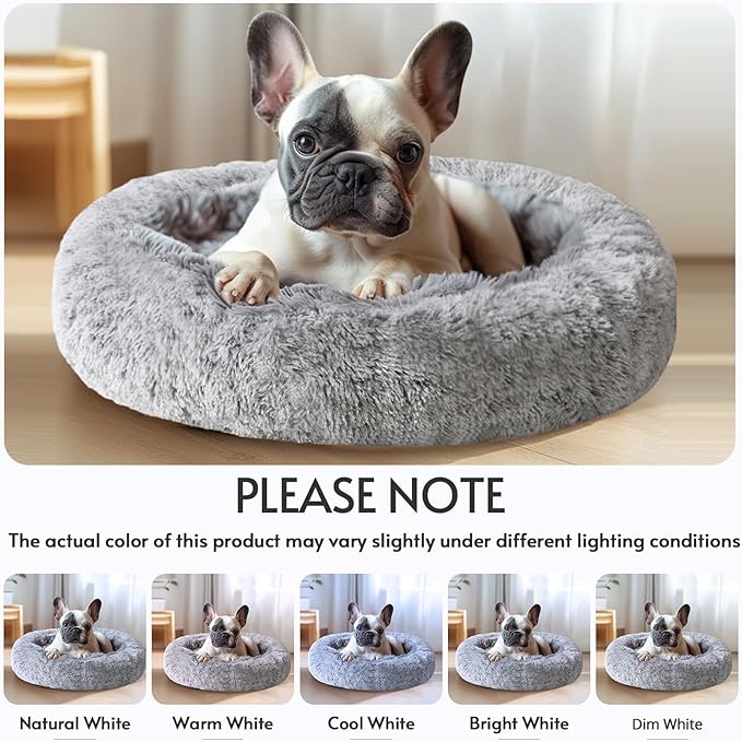 JOLLYVOGUE Medium Calming Dog Bed, Anti-Anxiety Donut Cuddler Cat Bed with Anti-Slip Bottom, Fluffy Faux Fur Machine Washable Pet Cushion for Medium Dog & Cat, 27"/Smoke Gray