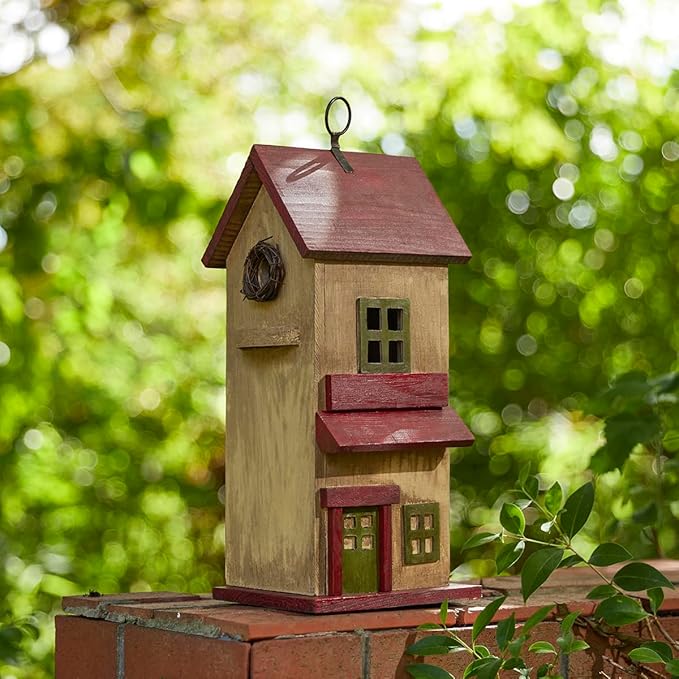 Glitzhome Birdhouses for Outdoors, Rustic 14.25" H Large Bird Houses for Outside, Distressed Painted Bird House Solid Wood Cottage Decorative Hanging Birdhouse for Outdoor Patio Garden,Washed Yellow