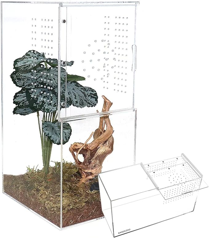 NANEEZOO Acrylic Reptile Terrarium Enclosure, 14”x6”x8” Tarantula Enclosure with Magnetic Sliding Door, Breeding Box for Arboreal Reptiles, Amphibians, Mantis, Spiders, Cricket & Other Invertebrates
