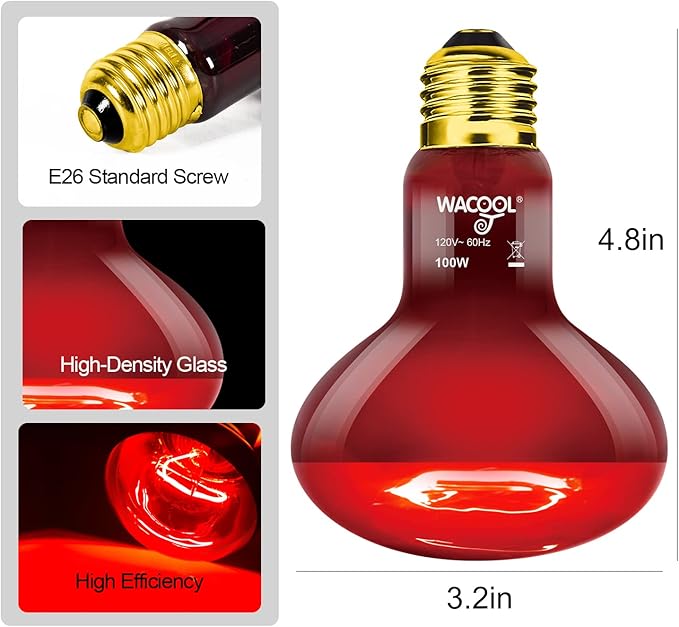WACOOL 4 Pack Reptile Heat Lamp Bulbs,100W Infrared Basking Spot Light for Reptiles & Amphibians, Red Heat Lamp Bulb for Bearded Dragon Gecko Turtle Lizard (75, Watts)…