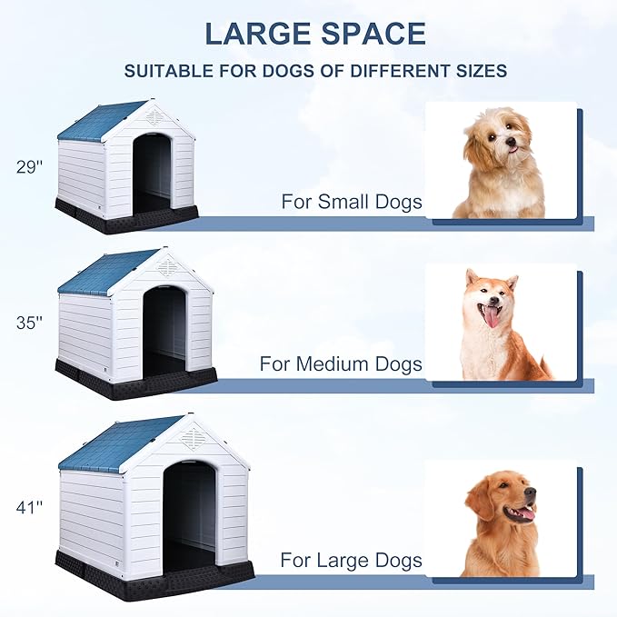 Plastic Dog House, Insulated Doghouse Puppy Shelter, Water Resistant Easy Assembly Sturdy Dog Kennel with Elevated Floor and Air Vents, Ventilate for Small to Large Sized Dogs (29-Inch, Blue)