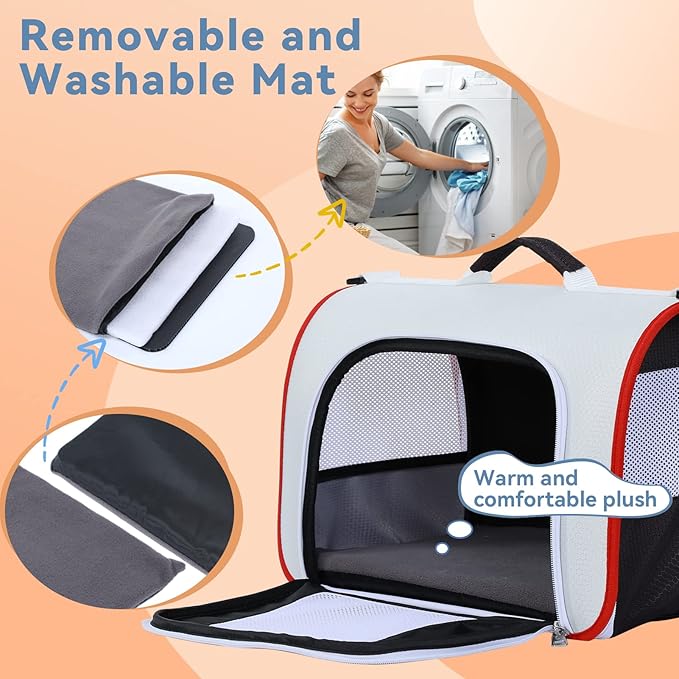 A4Pet Airline Approved Cat Carrier, Suitable for Cats, Puppies Under 18 lbs, Easy On The Go, Easy to Stow, Soft-Sided Cat Travel Carrier, 17" L x 11" W x 11" H, White & Red