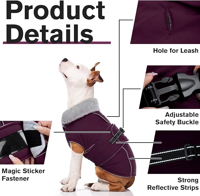 Lelepet Warm Dog Coat Reflective Fleece Vest Waterproof Dog Jacket with Adjustable Buckle Hook & Loop Windproof Cold Weather Coats for Small Medium Large Dogs, Dark Purple, L