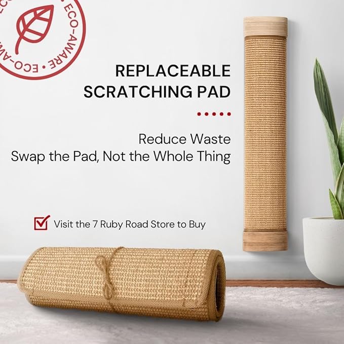 7 Ruby Road Large Cat Scratcher Wall Mounted - Refillable Sisal Scratch Pad - Cute Scratching Post for Indoor Cats and Kitten - Tall Vertical Mount - Modern Wooden Cat Wall Furniture and Scratchers