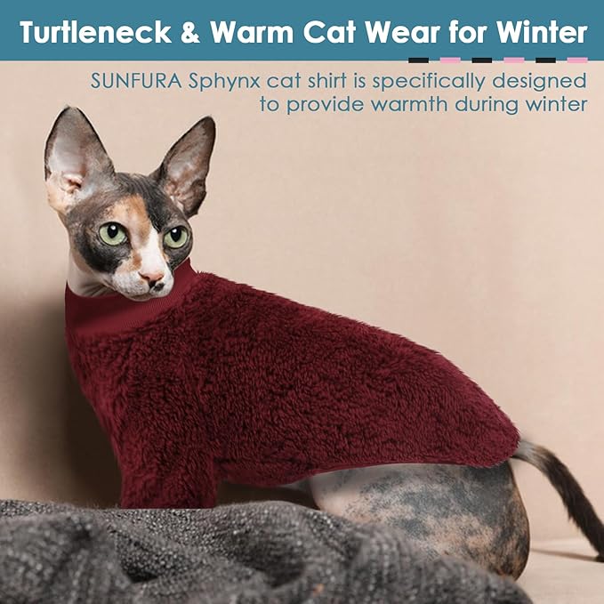 SUNFURA Sphynx Cat Sweater, Hairless Cats Turtleneck Pullover Kitten Sweaters for Cats Only, Warm and Soft Cat Pajamas Shirt with Sleeves Pet Winter Clothes Fleece Jumpsuit for Puppy, Burgundy L