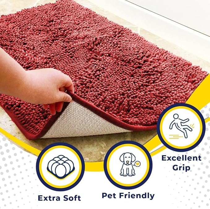 Muddy Mat® AS-SEEN-ON-TV Highly Absorbent Microfiber Door Mat and Pet Rug, Non Slip Thick Washable Area and Bath Mat Soft Chenille for Kitchen Bathroom Bedroom Indoor and Outdoor - Red 24" x 72"