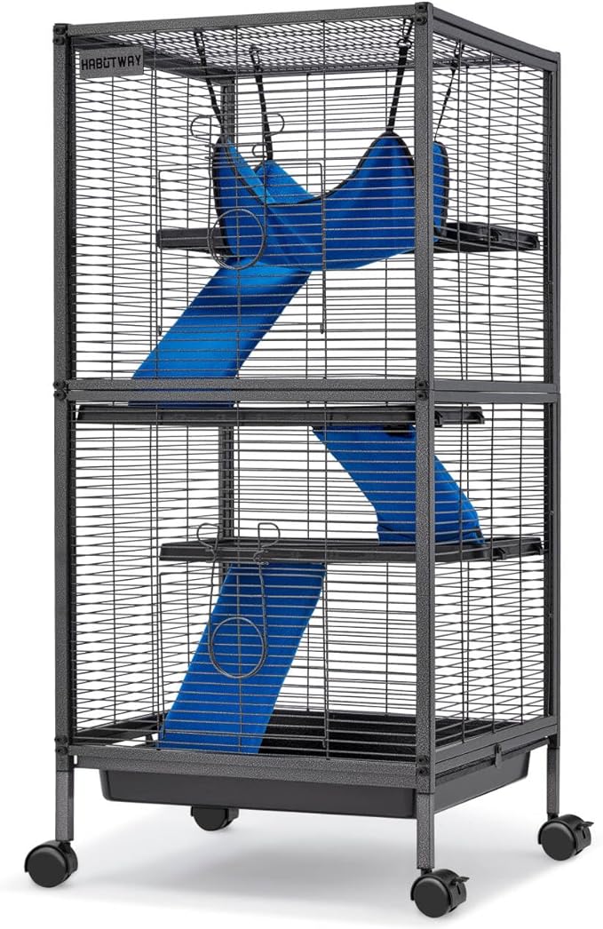 HABUTWAY 45''H Metal Small Animal Cages, Rolling Chinchilla Cage with Removable Ramps, Lagre Critter Nation Cage for Chinchillas/Guinea Pigs/Rabbit, Ferret Cages with Hammock & 4 Tiers, Black
