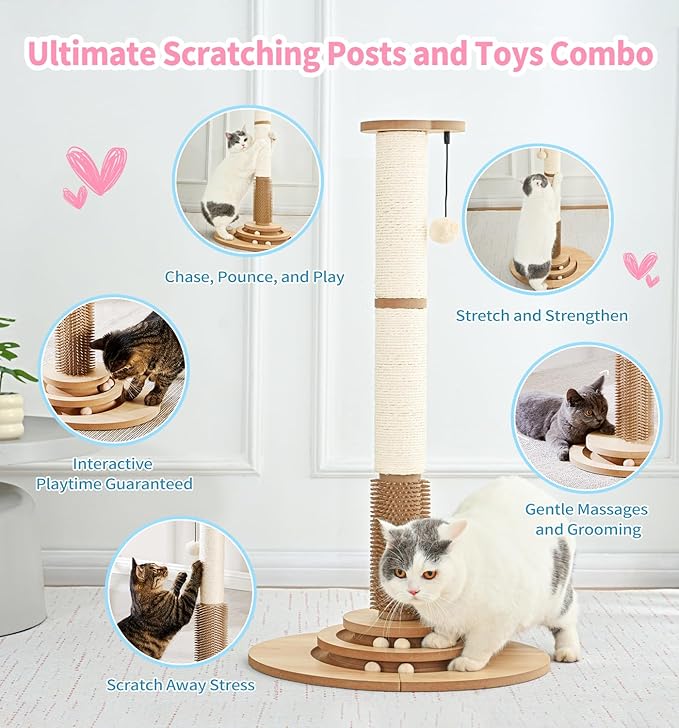 Made4Pets Cat Scratching Post Premium Sisal Cat Scratcher Kitten Toys for Indoor Kittens 33.6" Tall Cat Tower Scratch Post Cat Tree Wooden Interactive Ball Track Cat Toy with Hanging Ball, Beige