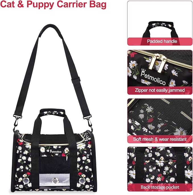 Petmolico Cat Carrier Dog Carrier, Airline Approved Soft Pet Travel Carrier with 3 Open Doors Mesh Windows for Cats Puppy 16 lbs, White Daisy
