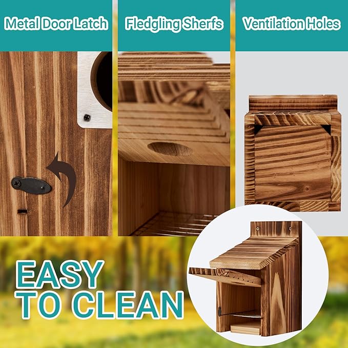 2 Pack Bird Houses for Outside with Metal Predator Guard for Bluebird Wren Swallow Finch-Carbonized Wooden Nesting Boxes for Outdoor Sturdy Bird House,Easy to Clean,No Assembly Needed