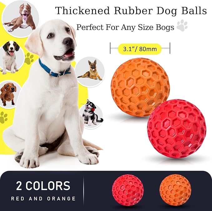 2 Pack Indestructible Squeaky Dog Balls for Aggressive Chewers, Durable Rubber Chew Toys for Teething, Anxiety Relief Perfect for Large, Medium Breeds, Indoor Outdoor Use