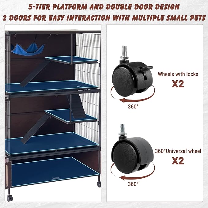 60" Large Metal Ferret Cage, Metal Large Guinea Pig Cages 5 Levels with Lockable Doors, Ramps, Wheels, Squirrel Cage for Chinchillas, Ferrets, Guinea Pigs, Rats, Hammock