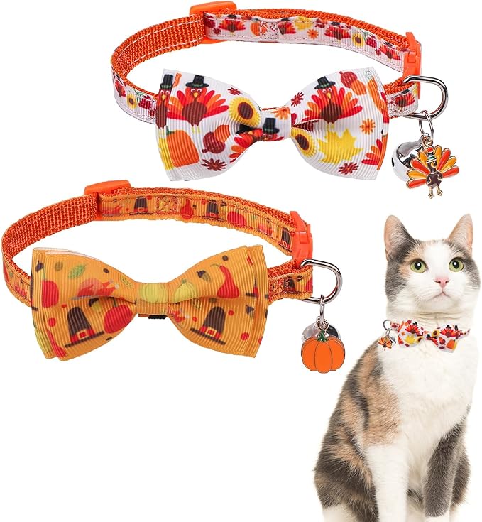 SCENEREAL Fall Thanksgiving Cat Collar Breakaway with Bell, Bowtie and Safety Buckle, 2 Pack Adjustable Cute Holiday Kitten Collars with Turkey & Pumpkin Pattern for Girl Boy, Orange