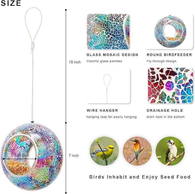 Bird Feeder Mosaic Fly Through Bird Feeder for Outside Hanging with Round Shape Glass Feeders to Attract Wild Birds for Garden, Deck, Yard, Backyard and Porch Decor, 7-Inch