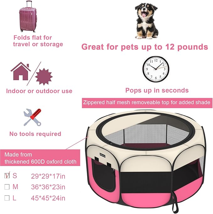 Portable Pet Playpen, 8-Panel Indoor/Outdoor Puppy Pen with Shade Cover & Travel Bag - Waterproof Dog Cat Tent Includes Collapsible Bowl