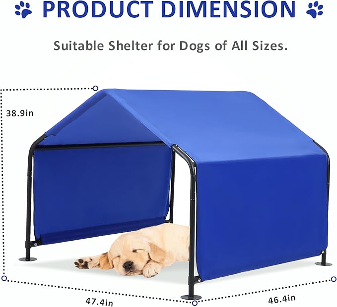 Dog Shade Shelter Outdoor Tent for Large Medium Dogs, 4'x4'x3' Outside Sun Rain Canopy Pet House for Cats Pigs Livestock with Waterproof Roof Ground Nails๏ผBlue
