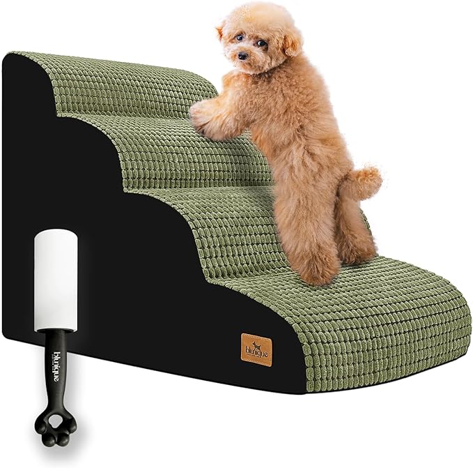 Dog Stairs for Small Dogs, 20.5 in H 4 Step Curved Dog Ramp for High Bed and Couch, Foam Dog Ramp with Durable Non-Slip Waterproof Fabric Cover, Pet Stairs for Pets Joints, Green