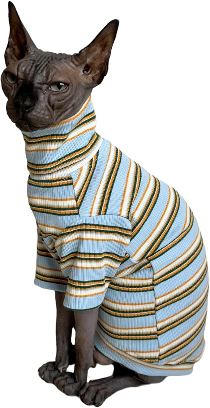 Turtle Neck Vintage Stripes Sphynx Hairless Cat Cotton T-Shirts Pet Clothes Vest Kitten Shirts Sleeveless, Cats & Small Dogs Apparel (Light Blue, S (3.3-5 lbs))