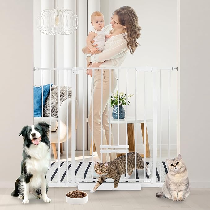 30 Inch Tall Baby Gate with Small Cat Door, Adjustable Auto Close Dog Gate Easy Walk Thru Pet Door for Stairs, Doorway, House (White, 29.52"-43.71")