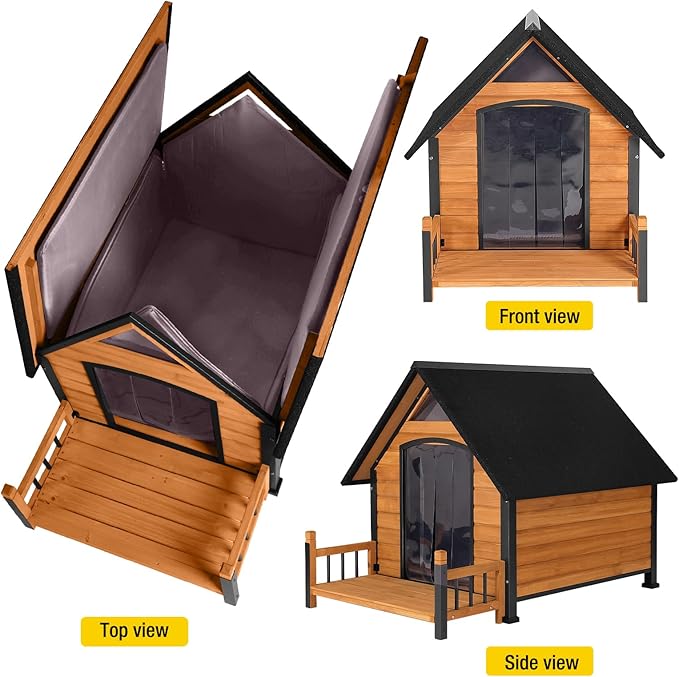 Dog House Outdoor, Insulated Dog Kennel Outside for Large Breed, 50.87" L Weatherproof Large Dog Shelter with Anti-Chewing Iron Frame (Brown, 50.87" D x 37.44" W x 37.2" H)
