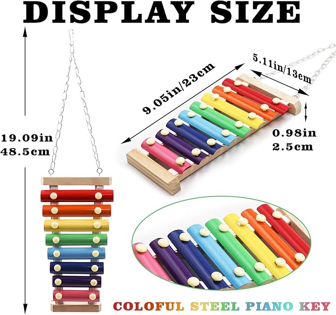 Dnoifne Colorful Bird Xylophone Toy, Suspensible Funny Xylophone Toy with 8 Metal Keys, Bird Cage Toy Accessories for Chicken Bird Parrot Parrot Parakeet Budgies Love Birds