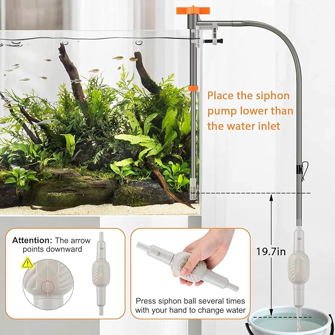 AQQA Aquarium Siphon Vacuum Cleaner Kit with 3 Replaceable Heads, Extra 2-in-1 Algae Scraper Cleaning Brush, Manually Siphon Ball Water Changer, Extendable Length to 31In for Fish Tank Cleaning (S)