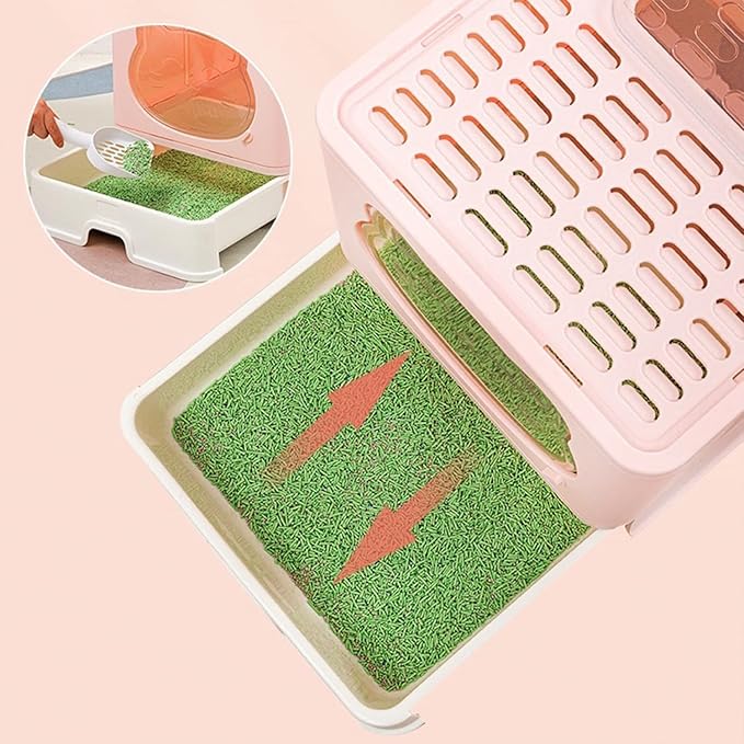 Top Entry Cat Litter Box with Lid, Anti-Splash Foldable Cat Litter Box with Activated Carbon Keeping Air Fresh, Drawer Type Easy to Clean, Large (Grey)